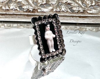 Tiny Perfect Frozen Charlotte  Doll Ring Silver Plated German Bisque Doll Ring Lorelie Kay Original