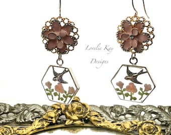 Swallow Bird & Flowers Cast Resin Dangle Earrings Hook Earrings Lorelie Kay Original