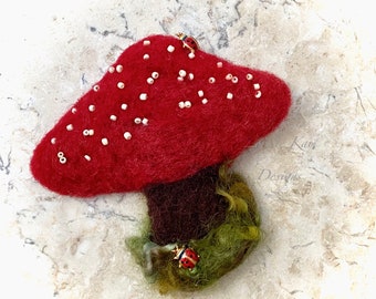 Needle Felted Fly Agaric Red Cap Mushroom & Lady Bug Brooch Fiber Art Pin Lorelie Kay Original