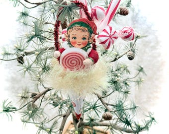 Spun Cotton Elf Tussie Mussie Cone Ornament  Holiday Winter Decoration Lorelie Kay Original
