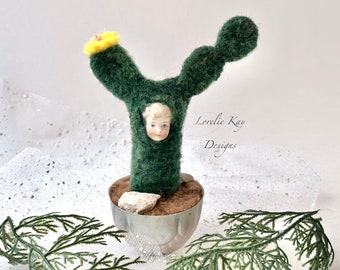 Not So Prickly Pear Cactus Person Needle Felted Miniature Cactus Doll Lorelie Kay Original