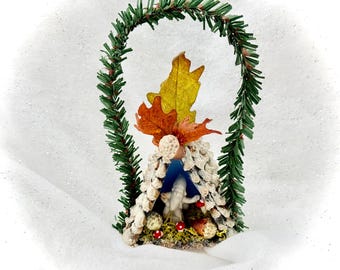 Gnome Home Ornament Christmas Fall Winter Decoration German Figure One-of-a-Kind Mixed Media