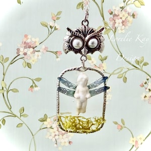 The Owl And The Butterfly Frozen Charlotte  Necklace Tiny Doll In Cast Resin Pendant Lorelie Kay Original