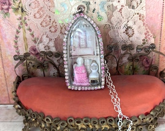 A Doll's  Dollhouse Necklace  Frozen Charlotte Miniature Dollhouse Diorama Wearable Doll Theme Pendant Necklace Lorelie Kay Designs