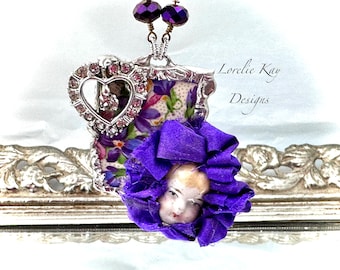 Forget Me Not Necklace Broken China Doll Head Pendant Soldered Heart Frozen Charlotte China Doll Head