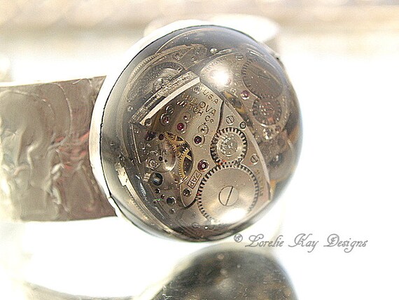 Gears Steampunk Bracelet Soldered Resin Dome Watch Parts Cuff Lorelie Kay Original