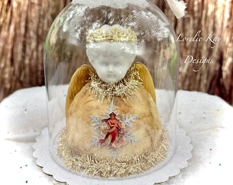Brocnate Angel Doll Dome Ornament Shabby  Bust In Cloche Lorelie Kay Original