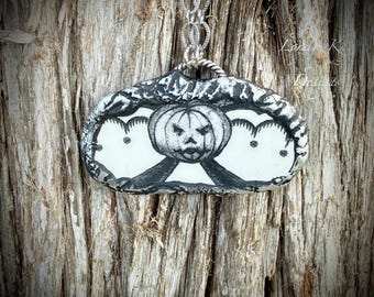 The Angry Pumpkin Broken China Necklace Black & White Halloween Lorelie Kay Original