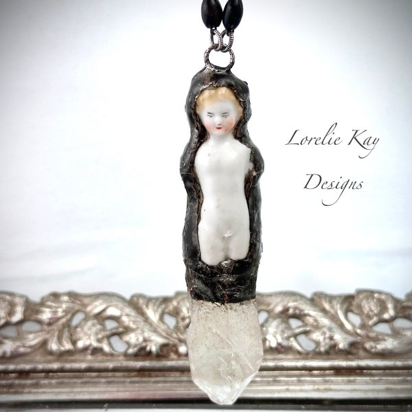 Frozen Charlotte Quartz Crystal Necklace Soldered Organic  Industrial Style One-of-a-Kind Lorelie Kay Original