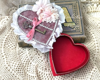Key to My Heart Shabby Velvet Heart Candy Box Vintage Inspired