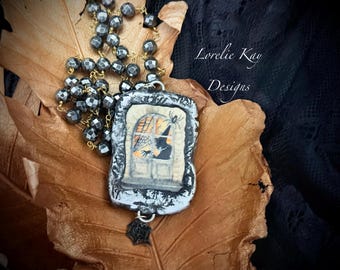 The Witch In The Window Broken China Necklace Black & White Halloween Lorelie Kay Original