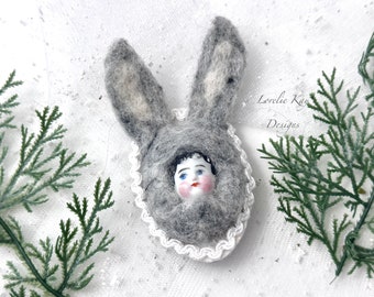 Bunny Girl Brooch Needle Felted Doll Wearable Art Doll Brooch German Doll Head Rabbit Doll  Lorelie Kay Original