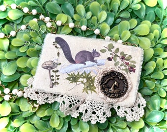 Shabby Style Squirrel Necklace Nature Inspired  Boho Textile Art Pendant Lorelie Kay Designs