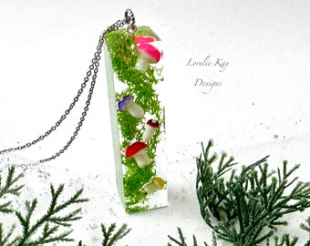 Colorful Mushroom & Moss Necklace Rainbow Colorful Mushrooms Cast Resin Pendant Lorelie Kay Original