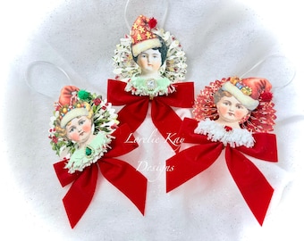 Elf Girl Ornaments Set 3 Doll Christmas Ornaments or Package Decorations Lorelie Kay Original