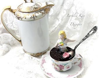 Tea Time Art Doll Assemblage Doll  Sculpture Tea Lover Gift Tea Party Decoration