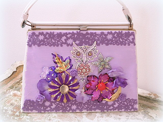 Purple Owl Handbag Flower Jewelry Purse Handpainted One-of-a-Kind Mixed Media Art Purse
