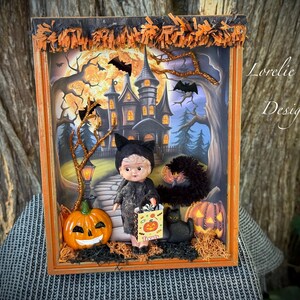 Trick-Or-Treating Picture Black Cat Doll Shadow Box Assemblage Halloween Decoration Art Mixed Media Lorelie Kay Original