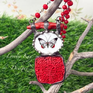 Broken China Butterfly Necklace Red & Black Beaded Chain Necklace  Lorelie Kay Original