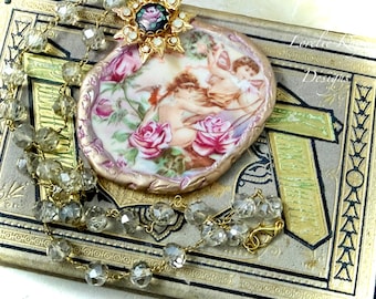 Art Nouveau Angels & Roses Necklace  Broken China Assemblage Necklace Cherubs Lorelie Kay Original