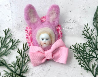 Pink Bunny Brooch Needle Felted Doll Wearable Art Doll Brooch German Doll Head Rabbit Doll  Lorelie Kay Original