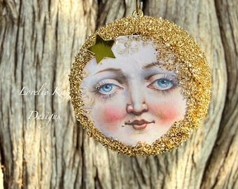 Moon Face Ornament Small Glittered Anthropormorphic Moon Decoration Lorelie Kay Original M10