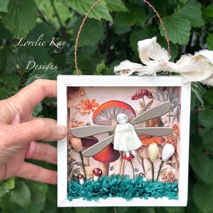 Dragonflies & Mushrooms Three Dimensional Collage Picture  Original Mixed Media  Frozen Charlotte Assemblage  Lorelie Kay Original