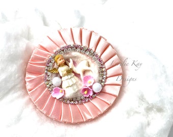 Sweet Pink Angel Christmas Brooch Or Ornament Large Girly Rhinestone  Holiday Wearable Art  Broach Lorelie Kay Original