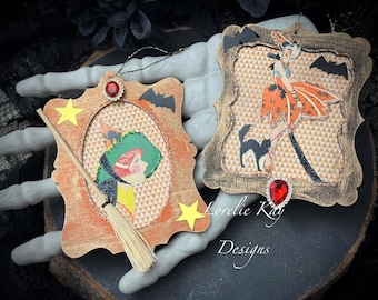 Set 2 Retro Art Deco Witch Ornaments Vintage Style Tally Card Girls Lorelie Kay Original set 1
