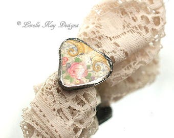 Roses Heart Ring Small Heart Shape Broken China Delicate Pink Shabby Roses Statement Heart Ring