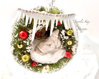 Sledding With Santa Christmas Ornament  Bottle Brush Wreath Shabby Antique Look Winter Decoration German Figure One-of-a-Kind Mixed Media