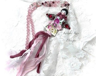 Angel Rose Necklace Original China Doll Jewelry Necklace or Ornament Mosaic Broken China Art Doll Soldered Assemblage