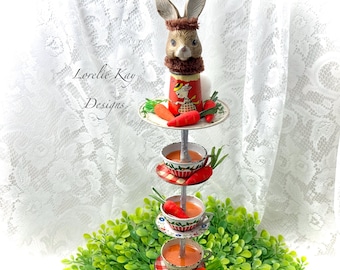 Bunny's Tea Party Tower Art Doll Whimsical Rabbit Theme Mixed Media Assemblage  Sculpture Doll Lorelie Kay Designs