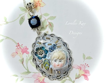 But Belle Mosaic Cameo Necklace German Doll Head Assemblage Pendant OOAK Necklace Lorelie Kay Original