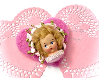 Hello Dolly  Heart Brooch  Needle Felted Brooch Pink Heart Pin Brooch Assemblage Bisque Doll  Jewelry Pin