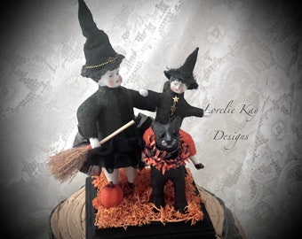 Earning Your Broom Witch Spun Cotton Art Doll Victorian Style Halloween Decoration One-of-a-kind Lorelie Kay Original