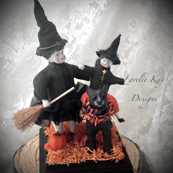 Earning Your Broom Witch Spun Cotton Art Doll Victorian Style Halloween Decoration One-of-a-kind Lorelie Kay Original