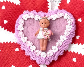Dolly Heart Brooch  Needle Felted Brooch Pink Heart Pin Brooch Assemblage Bisque Doll  Jewelry Pin