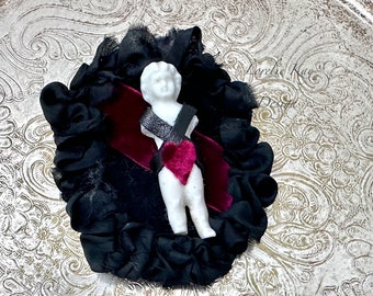Frozen Charlotte Doll Brooch  Needle Felted Brooch Heart Pin Black Gothic Lorelie Kay Original