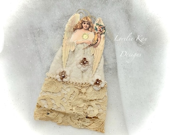 Victorian Angel Cotton Batting Ornament Victorian Inspired Feather Tree Ornament Decoration Lorelie Kay Original