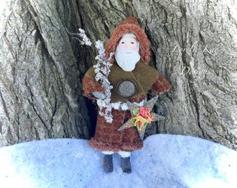 Woodland Santa Spun Cotton Ornament OOAK Large Belsnickle Santa Heirloom Ornament Art Doll Lorelie Kay Original