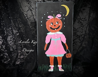 Pumpaflicka Bus-or-treater-målning Halloweenkonstdekor Originalkonst Lorelie Kay Designs