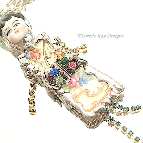 Maylea China Doll Necklace Ornament Broken China Art Doll Flowers Mixed Media Soldered Rhinestone Girl Pendant