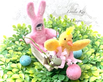 Bunny & Chick Cart Needle Felted Bunny Rabbit Decoration Easter Shabby Cottage Decor Lorelie Kay Original