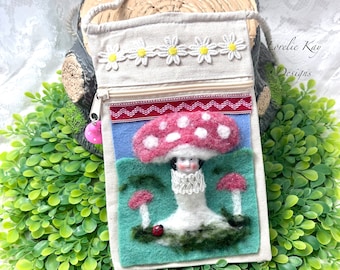 Happy Mushroom Crossbody Purse Needle Felted China Doll Head Wool Canvas Bag Lorelie Kay Original