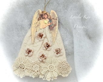 Victorian Angel Cotton Batting Ornament Victorian Inspired Feather Tree Ornament Decoration Lorelie Kay Original