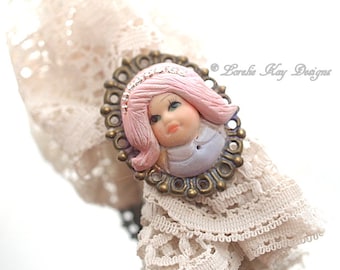 Pink Hair Girl Doll Face Ring .999 fine Silver Plate Whimsical Jewelry Doll Head Lorelie Kay Original