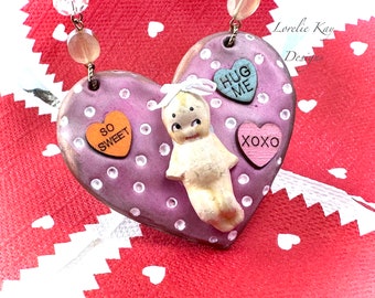 Valentine Girl Necklace Sweet Hearts Mixed Media Clay Pendant Lorelie Kay Original