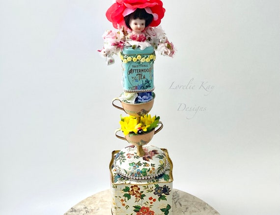 Garden Party Art Doll Sculpture Functional Sugar Bowl Tea Tins Tea Party Theme Found Object Sculpture  Lorelie Kay Original