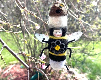 Bumble Bee Ornament Needle Felted Doll Anthropomorphic Girl Bee Lorelie Kay Original